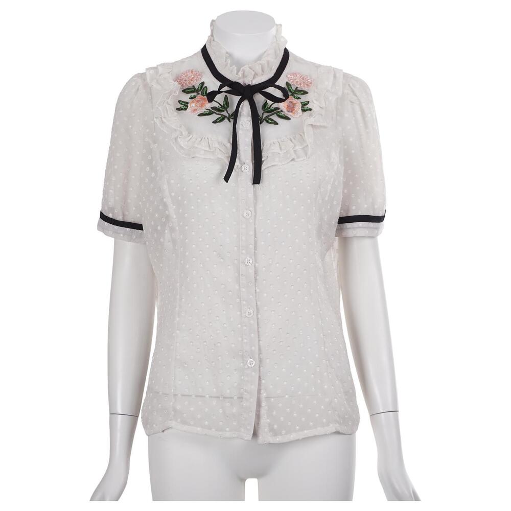 Vintage Mocha Top L Swiss Dot Sheer Embroidered Floral Beaded Tie Neck Ruffle